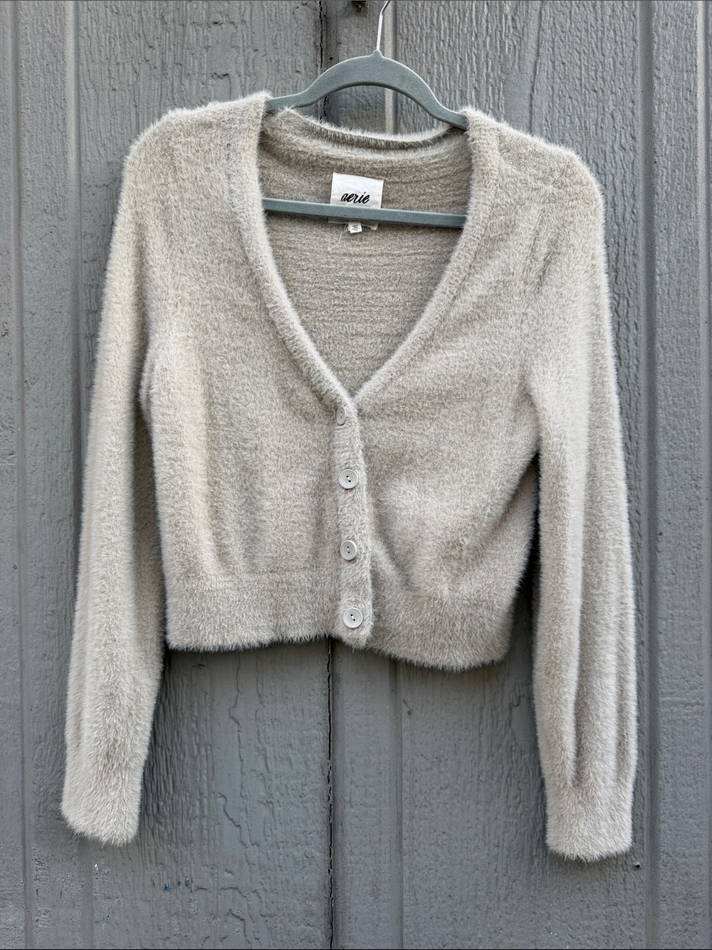 Aerie Fuzzy Cropped V-Neck Button-Up Cardigan Size: S